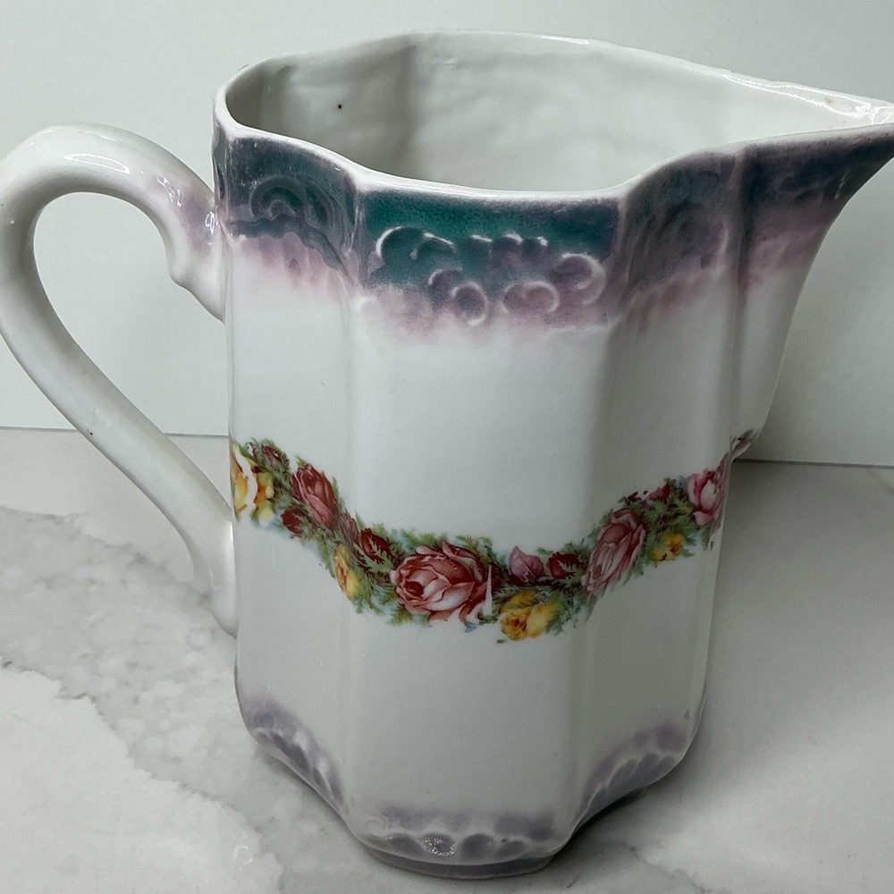 Floral Ceramic Pitcher with Purple and Green Accents Preloved